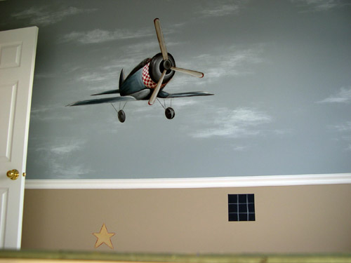 Airplane in Flight Mural on Boy's Bedroom Wall