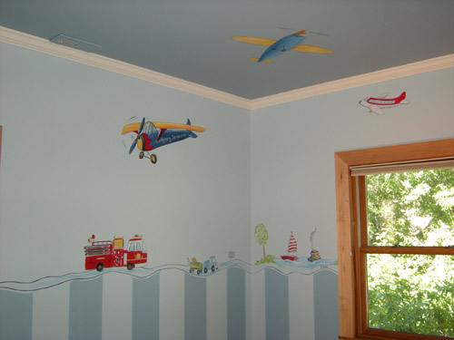 Airplane in Flight Mural on Boy's Bedroom Wall